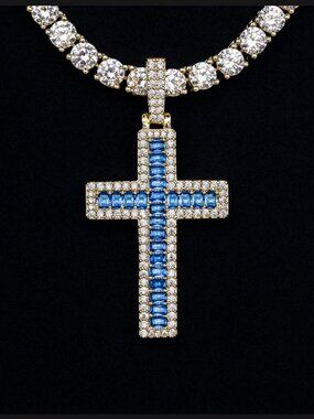 AUTHENTIC GLD Blue Baguette Cross Yellow Gold 18k Plated Pendant